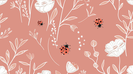 Red ladybugs crawling over pastel pink floral background with delicate botanical linework