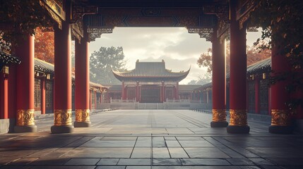 Grand Entrance of a Chinese Garden with Golden Lanterns and Morning Sunlight