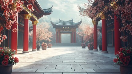 Grand Entrance of a Chinese Garden with Golden Lanterns and Morning Sunlight