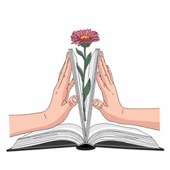Hands Holding Flower Emerging from Open Book.
