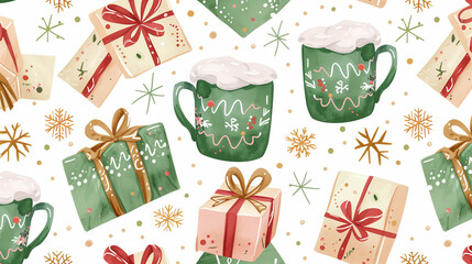 Cozy Christmas pattern with green mugs, wrapped gifts, snowflakes and festive decorations