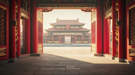 Traditional Chinese Palace Courtyard with Red Pillars and Lanterns at Sunrise