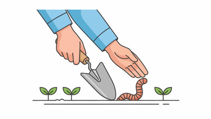 Hands Planting Seedling with Earthworm Nearby.