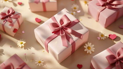 Romantic flat lay of pink gift boxes, daisies, hearts, and golden decorations on pastel background
