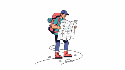 Hiker Examining Map with Backpack.