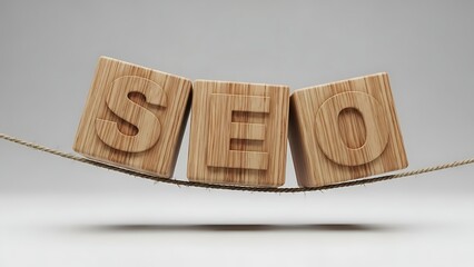 Search engine optimization strategy depicted with wooden blocks balancing on a fragile tightrope