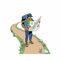 Hiker with Backpack Reading Map on Trail.