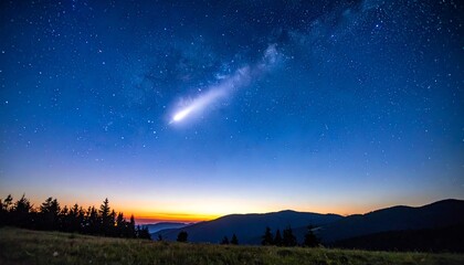 Shooting star glows over horizon, twilight sky filled with sparkling stars and soft mountain silhouettes, creating a peaceful, magical atmosphere.