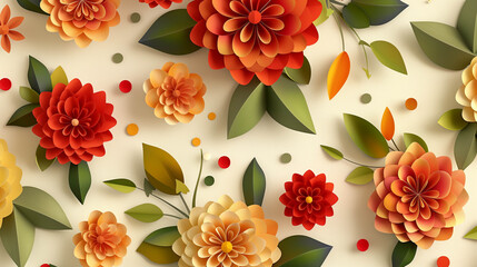 Seamless floral background with blooming roses in shades of red, orange, and cream