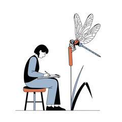 Illustration of Person Drawing Dragonfly Scene.