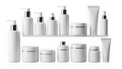 Collection of white cosmetic bottles and jars isolated on transparent background