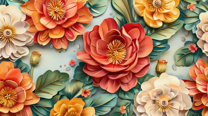 Seamless floral background with blooming roses in shades of red, orange, and cream