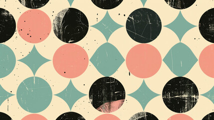 Mid-century modern seamless pattern with pastel circles and diamond shapes on vintage background