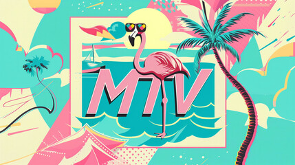 Retro tropical summer design with flamingo, palm tree, ocean waves and Miami vibe typography