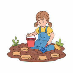 Little Girl Planting Seeds in Garden Soil.