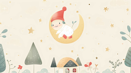 Cute Christmas illustration of Santa sleeping on crescent moon with house and snowy background