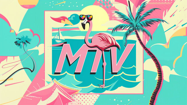 Retro tropical summer design with flamingo, palm tree, ocean waves and Miami vibe typography