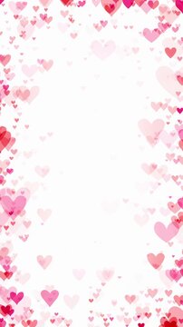 Red and pink hearts creating border on white background for Valentine's day. Heart particles floating to center frame for a romantic theme celebrating love, passion, or for Valentines day background.