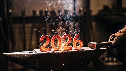 Dramatic Glowing Red Hot Iron 2026 Numbers on Blacksmith Forge Anvil