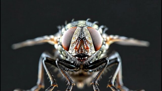 Close-up of a fly's face with large compound eyes