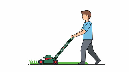 Man Mowing Lawn with Green Lawnmower.