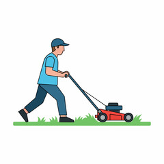 Man Mowing Lawn with Red Lawnmower.