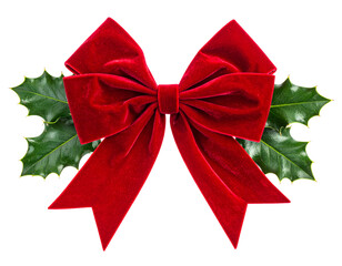 A festive, red velvet bow with holly leaves, set against a black background