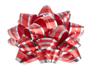 Close-up of a festive, layered bow, featuring red and silver striped ribbon