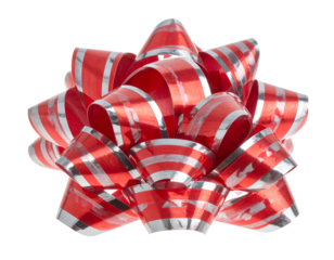 Close-up of a festive, layered bow, featuring red and silver striped ribbon