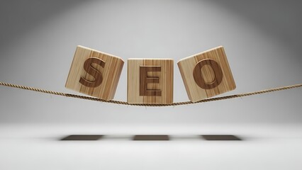 Wooden Blocks Spelling SEO Balanced on a Tightrope Against a Grey Background