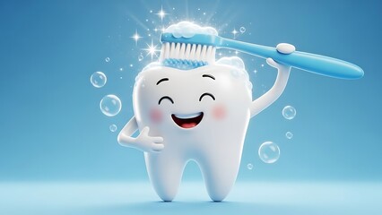 Happy Cartoon Tooth Character with Toothbrush.