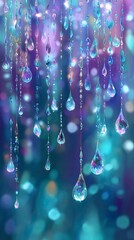 Sparkling Crystal Drops Hanging on a Dreamy Purple and Blue Background