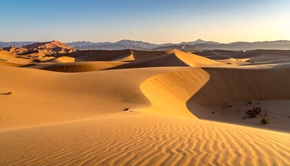 Vast desert landscape with undulating sand dunes and distant mountains under the sun