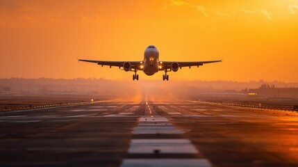 Fototapeta premium Traffic at airport at golden sunset. Wide shot of passenger airplane taking off from runway.