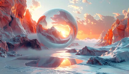 Surreal landscape with a reflective orb suspended amid snow-capped mountains and a glowing sunset reflected in the water