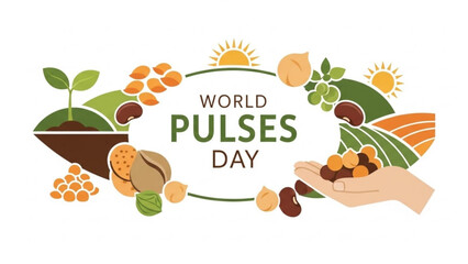 World pulses day celebration with various legumes and a hand holding pulses surrounded by leaves and sun with healthy eating and nutrition and sustainable food