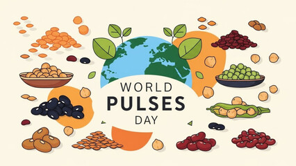World pulses day illustration with various legumes and earth globe with healthy eating and sustainability and environment and food and nutrition