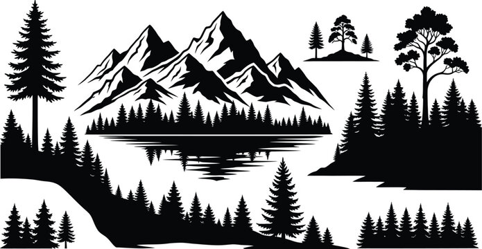 Black mountain and forest landscape with lake reflection on transparent background silhouette