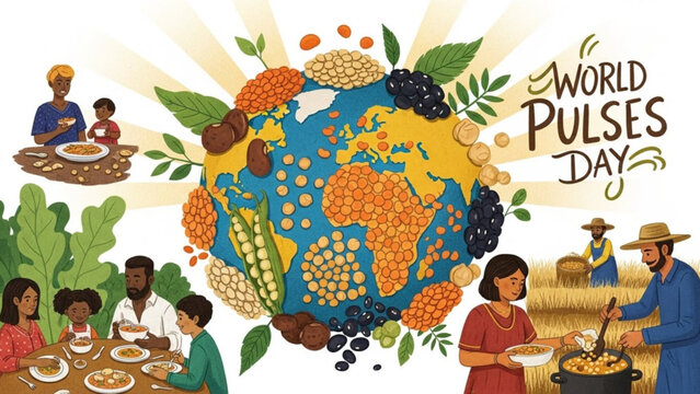 Vibrant illustration of diverse people celebrating world pulses day with a globe surrounded by various legumes and food with global cuisine and diversity - Powered by Adobe
