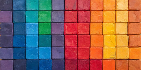 Abstract geometric rainbow colors colored 3d wooden square cubes texture wall background banner illustration panorama long, textured wood wallpaper (Generative Ai)