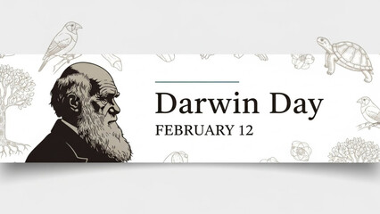 Charles darwin day february 12 illustration with portrait and various animal sketches with evolution and biology and science and ecology and environment