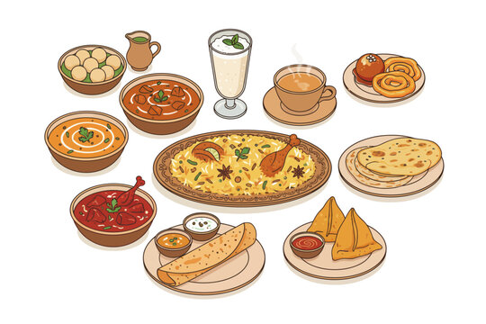 Traditional Indian Food Vector Illustration Set with Curry, Biryani, Snacks and Drinks