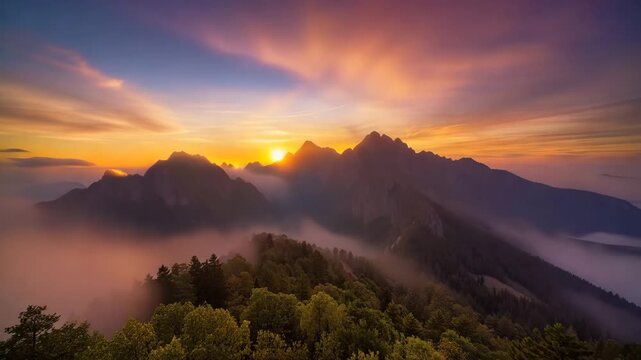 Sunrise mountain landscape mist forest valley glowing sky cloud sun ray light dramatic nature scene peaceful morning view colorful sunrise horizon scenic dreamy landscape over distant ridge peak