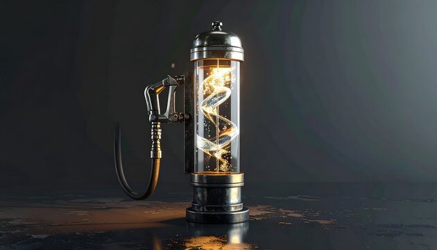 A transparent, ornate vial holds a glowing, spiral energy source - Powered by Adobe