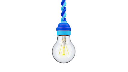 Swirling Blue Cord Suspends a Glowing Incandescent Light Bulb