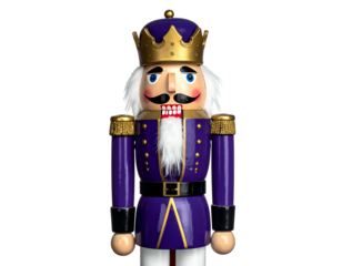 Regal wooden figurine of a soldier with a crown, purple coat, and white hair