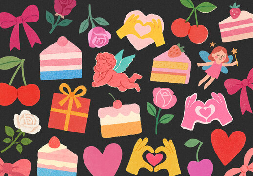 Colorful Romantic Themed Illustrations Element Set