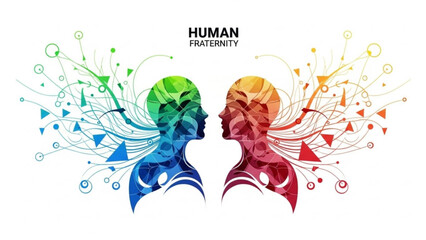 Vibrant illustration of two human heads facing each other with colorful abstract shapes and lines representing unity and diversity with human connection