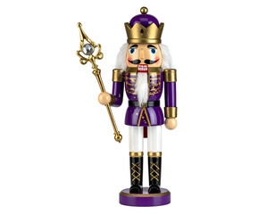 A regal, purple and gold nutcracker figurine holding a scepter, set against a black backdrop