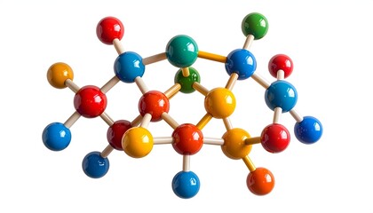 A brightly colored molecular model with interconnected spheres and sticks